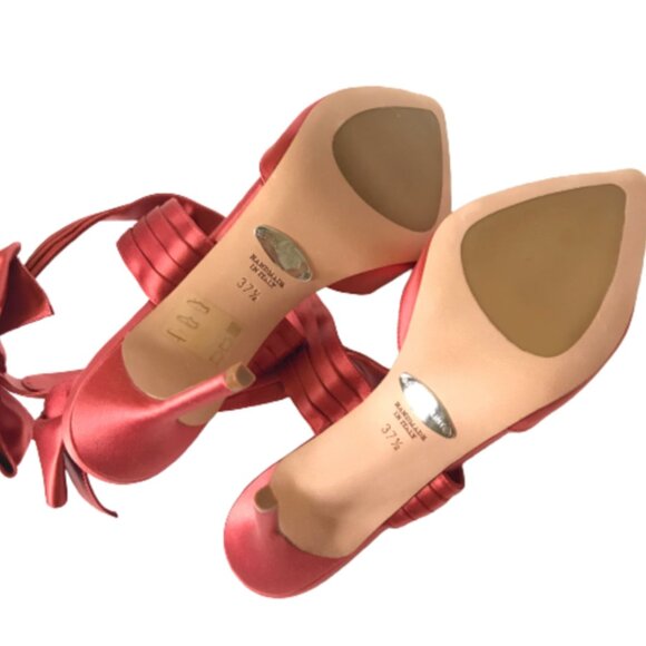 NWOB Sarah Flint Ankle Bow Wrap Heels Womens 37.5 7.5 Salmon Pink Pointed Toe - Picture 10 of 13